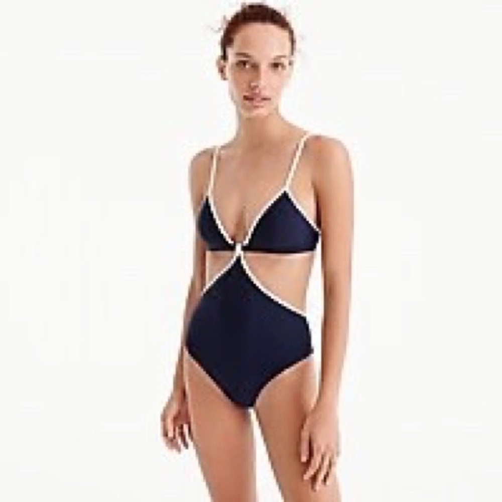 NWT J.Crew Tipped Navy and white cut-out swimsuit